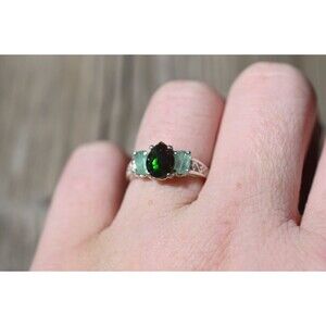 Black opal and green tourmaline ring, raw stone rings, alternative engagement ri